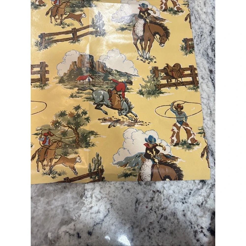 VTG Sheet of Cowboy Wrapping Paper 25 1/2x30 Horses Cow Saddle‎ Wild West Lasso